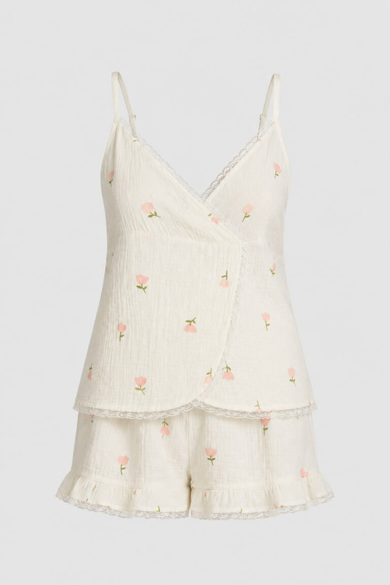 BOBRAND Women's Pajama Set in Ivory – Double-Layer Muslin, Floral Print “Tulip” – Shorts and Camisole