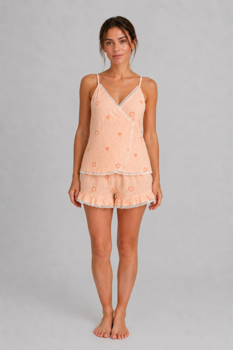 BOBRAND Women's Pajama Set in Peach – Double-Layer Muslin, Floral Print “Peach” – Shorts and Camisole - image 2