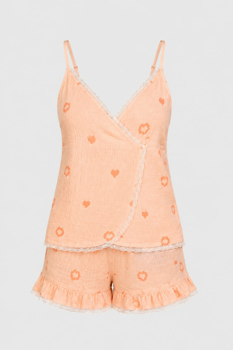 BOBRAND Women's Pajama Set in Peach – Double-Layer Muslin, Floral Print “Peach” – Shorts and Camisole
