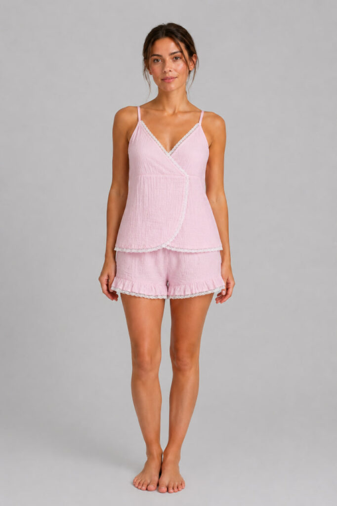 BOBRAND Women's Pajama Set in Pink – Double-Layer Muslin, Heart Print “Marshmallow” – Shorts and Camisole - image 2