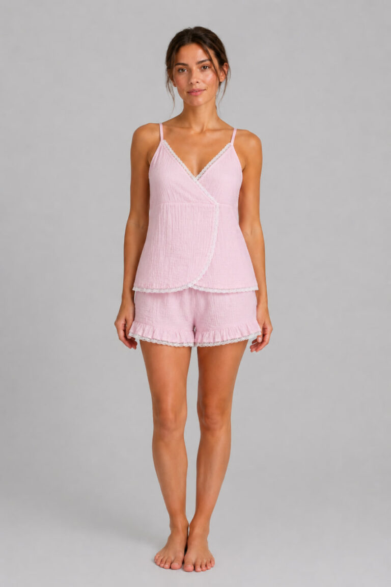 BOBRAND Women's Pajama Set in Pink – Double-Layer Muslin, Heart Print “Marshmallow” – Shorts and Camisole - image 2