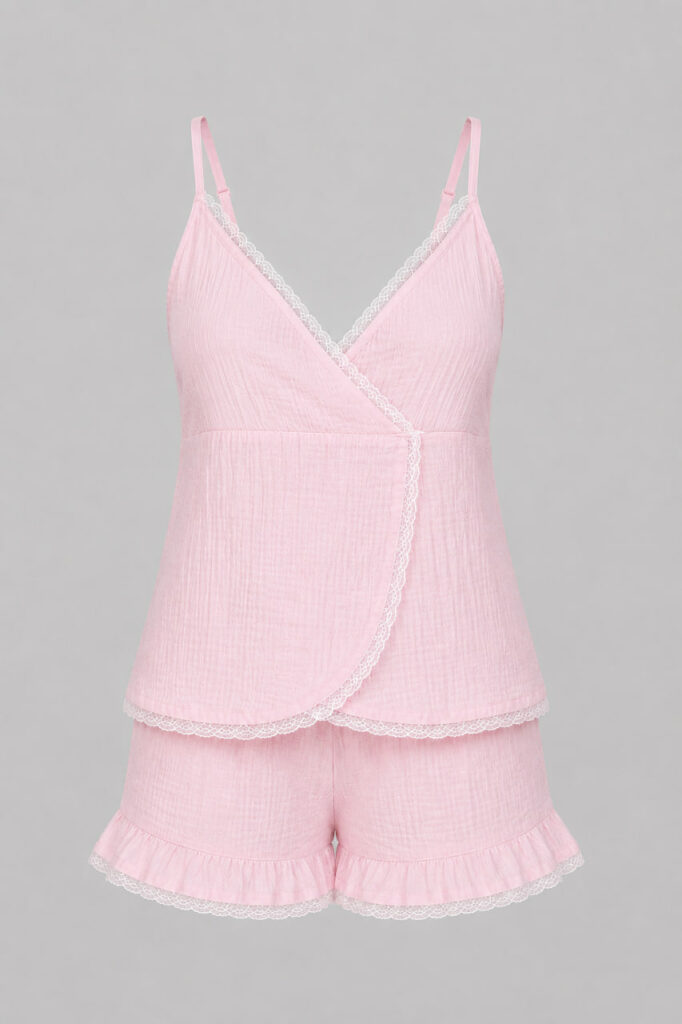 BOBRAND Women's Pajama Set in Pink – Double-Layer Muslin, Heart Print “Marshmallow” – Shorts and Camisole