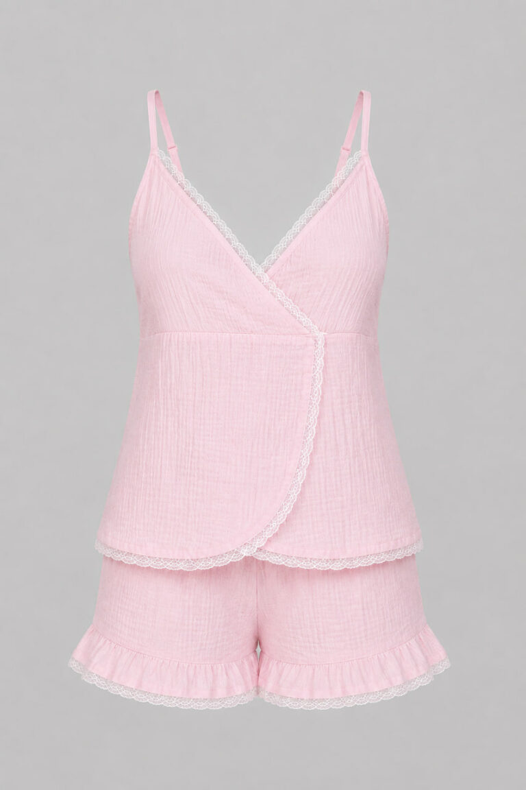 BOBRAND Women's Pajama Set in Pink – Double-Layer Muslin, Heart Print “Marshmallow” – Shorts and Camisole