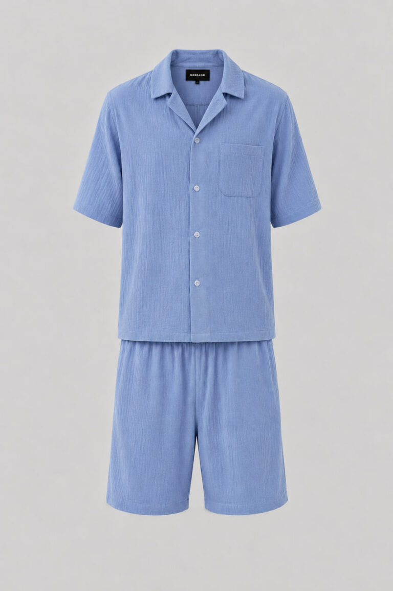 BOBRAND Men's Pajama Set in Light Blue – Double-Layer Muslin – Top and Shorts