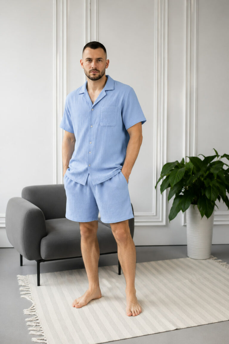 BOBRAND Men's Pajama Set in Light Blue – Double-Layer Muslin – Top and Shorts - image 2