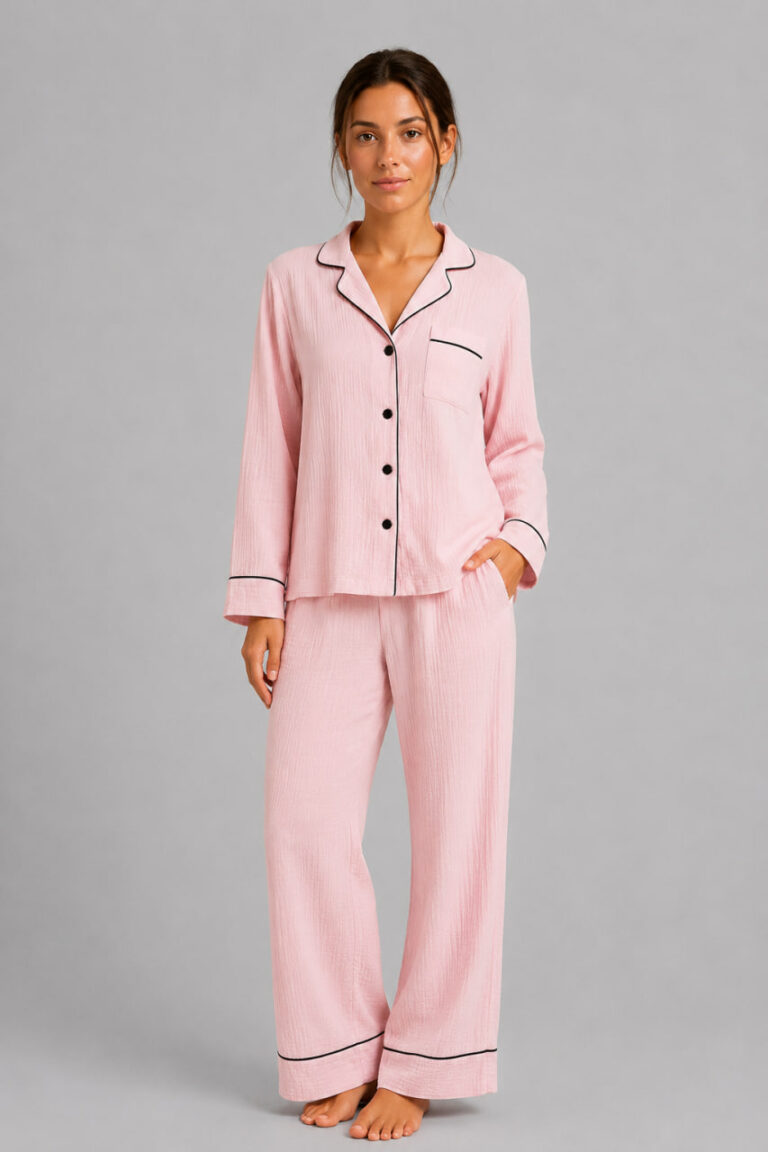 BOBRAND Women's Pajama Set in Pink – Double-Layer Muslin – Top and Pants - image 2