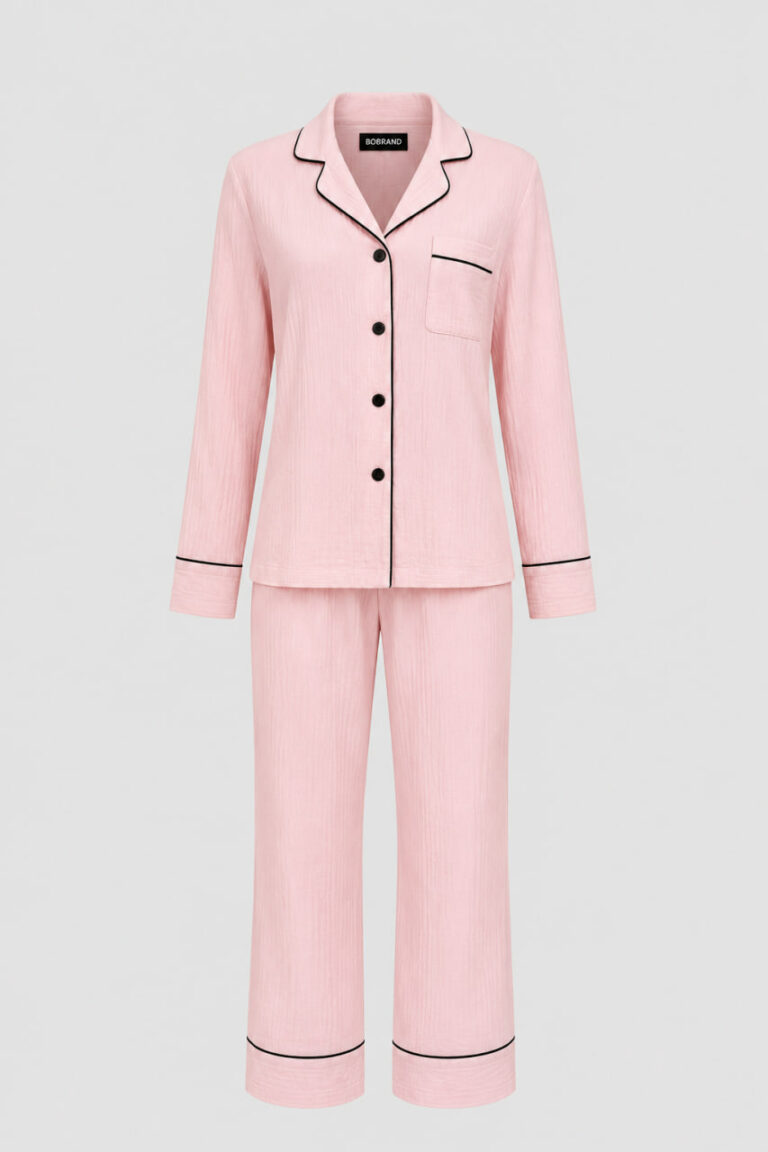 BOBRAND Women's Pajama Set in Pink – Double-Layer Muslin – Top and Pants