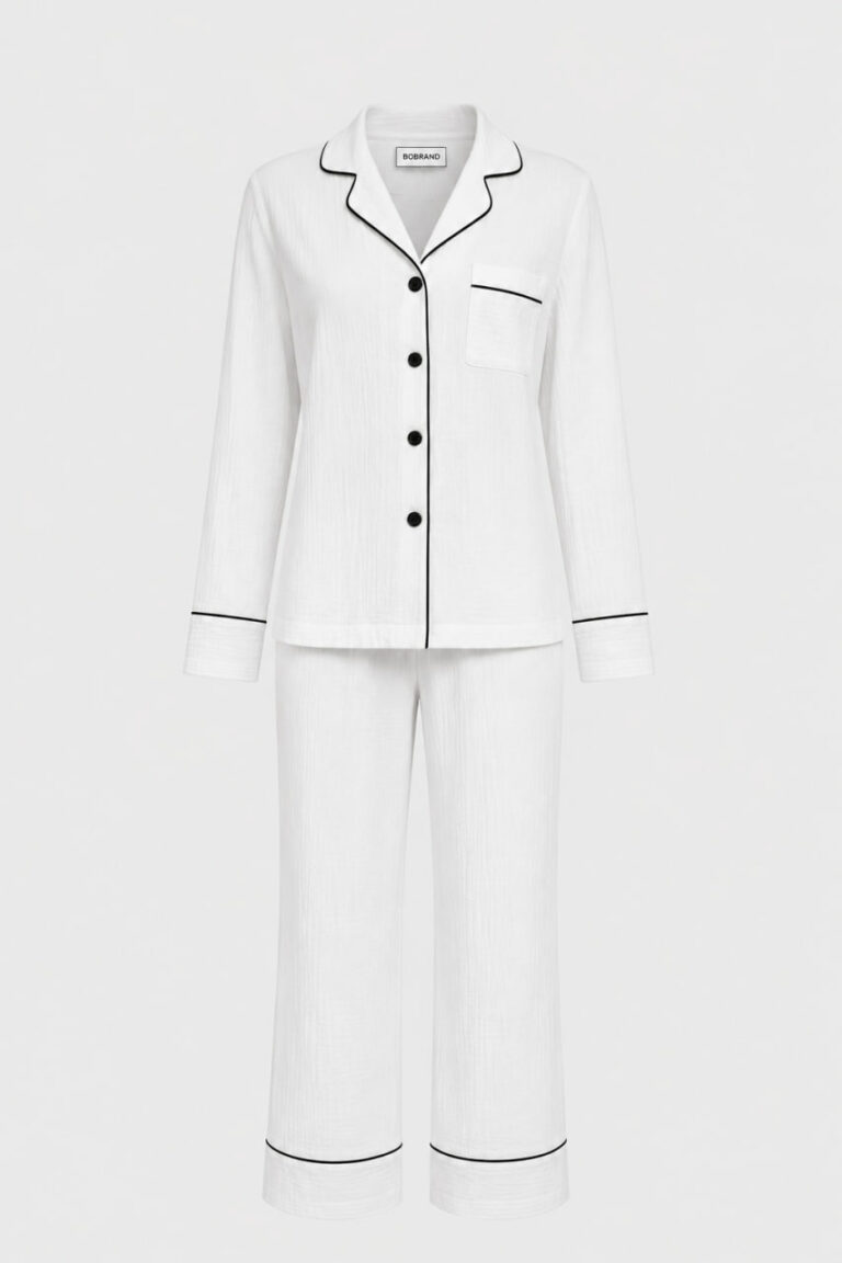 BOBRAND Women's Pajama Set in White – Double-Layer Muslin – Top and Pants
