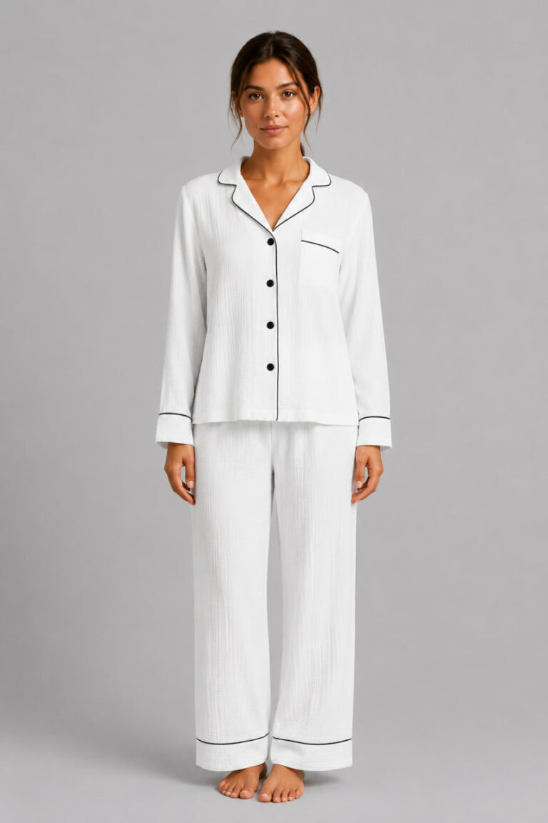 BOBRAND Women's Pajama Set in White – Double-Layer Muslin – Top and Pants - image 2