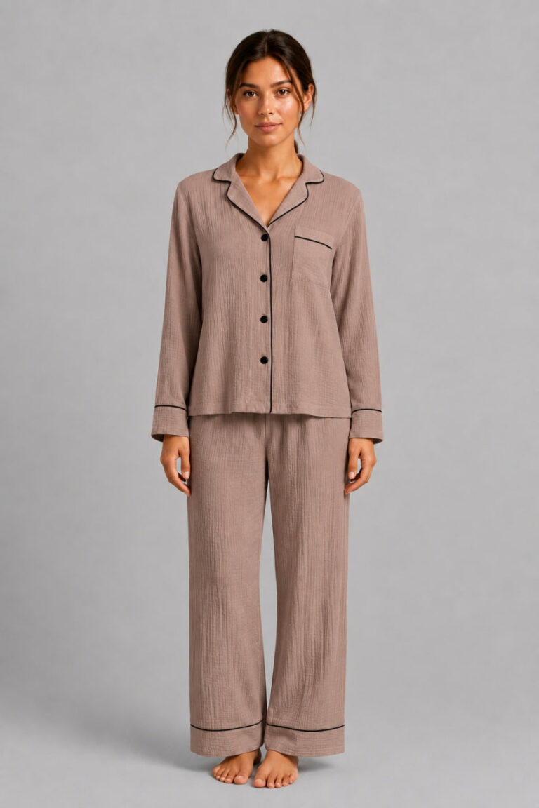 BOBRAND Women's Pajama Set in Beige – Double-Layer Muslin – Top and Pants - image 2