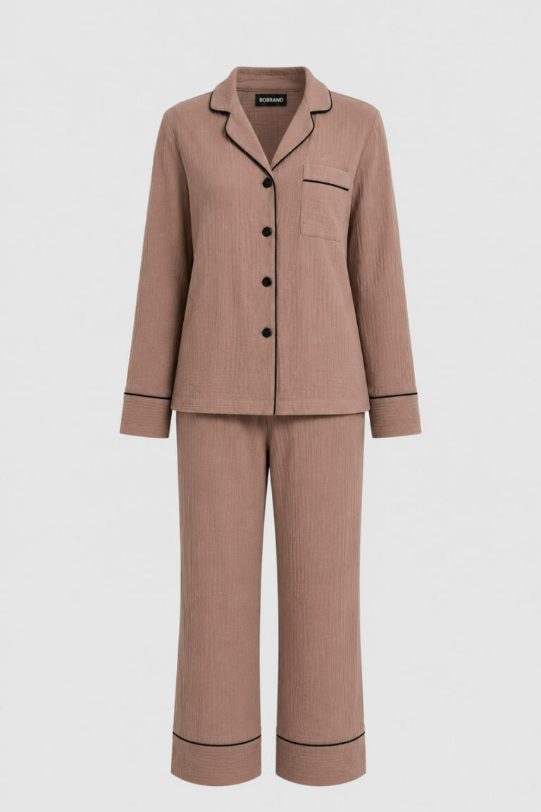 BOBRAND Women's Pajama Set in Beige – Double-Layer Muslin – Top and Pants