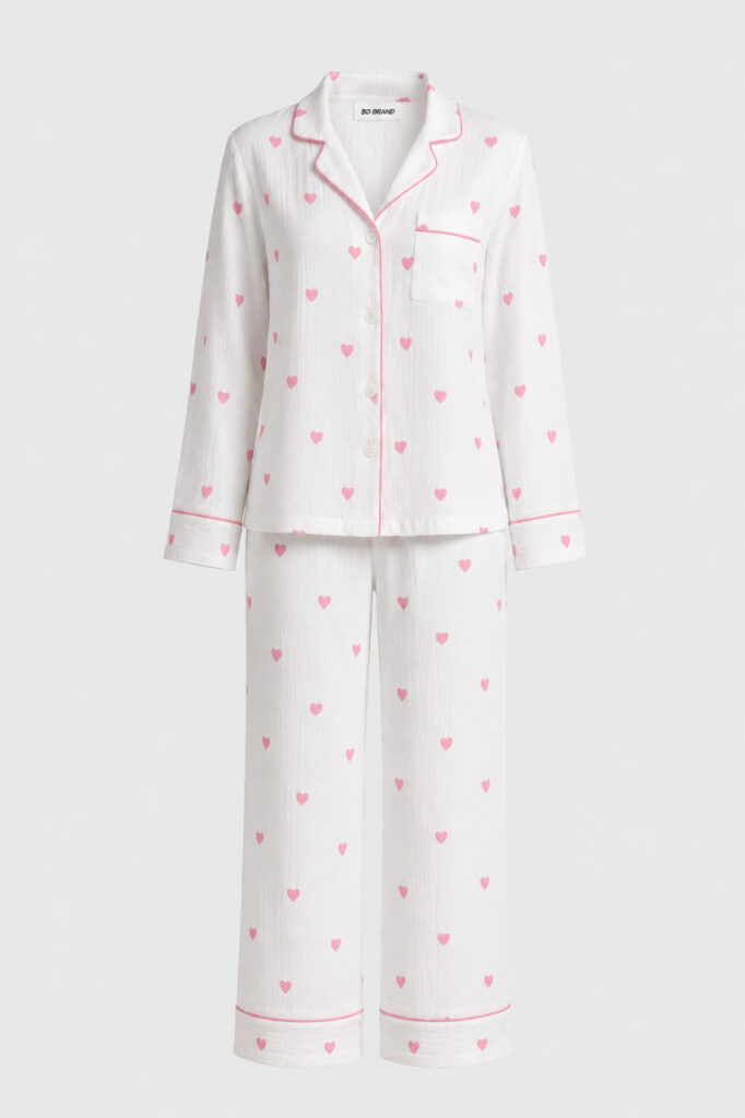 BOBRAND Women's Pajama Set in Pink – Double-Layer Muslin, Heart Print – Top and Pants
