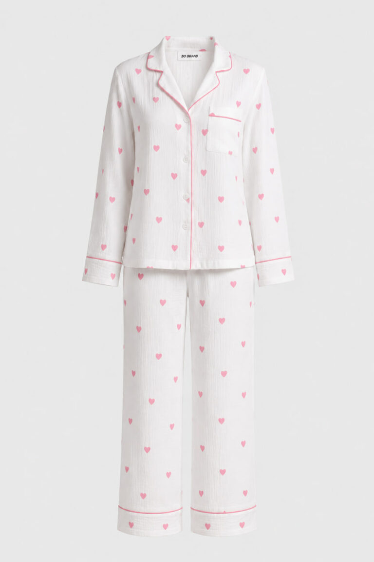 BOBRAND Women's Pajama Set in Pink – Double-Layer Muslin, Heart Print – Top and Pants