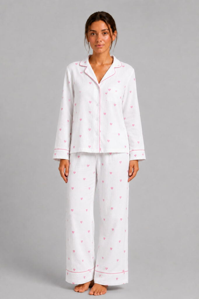 BOBRAND Women's Pajama Set in Pink – Double-Layer Muslin, Heart Print – Top and Pants - image 2