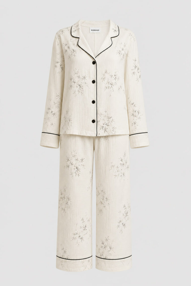 BOBRAND Women's Pajama Set in Beige – Double-Layer Muslin, Floral Print – Top and Pants