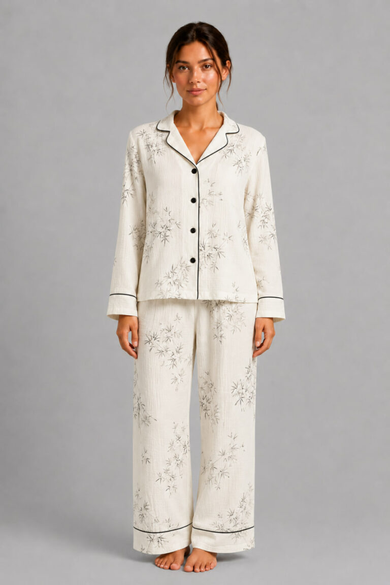BOBRAND Women's Pajama Set in Beige – Double-Layer Muslin, Floral Print – Top and Pants - image 2