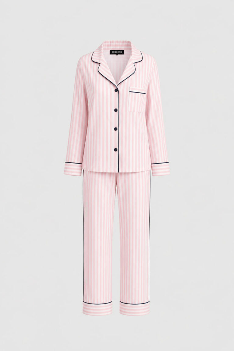 BOBRAND Women's Pajama Set in Pink – Cotton, Striped – Top and Pants