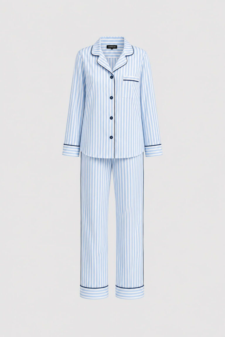 BOBRAND Women's Pajama Set in Light Blue – Cotton, Striped – Top and Pants