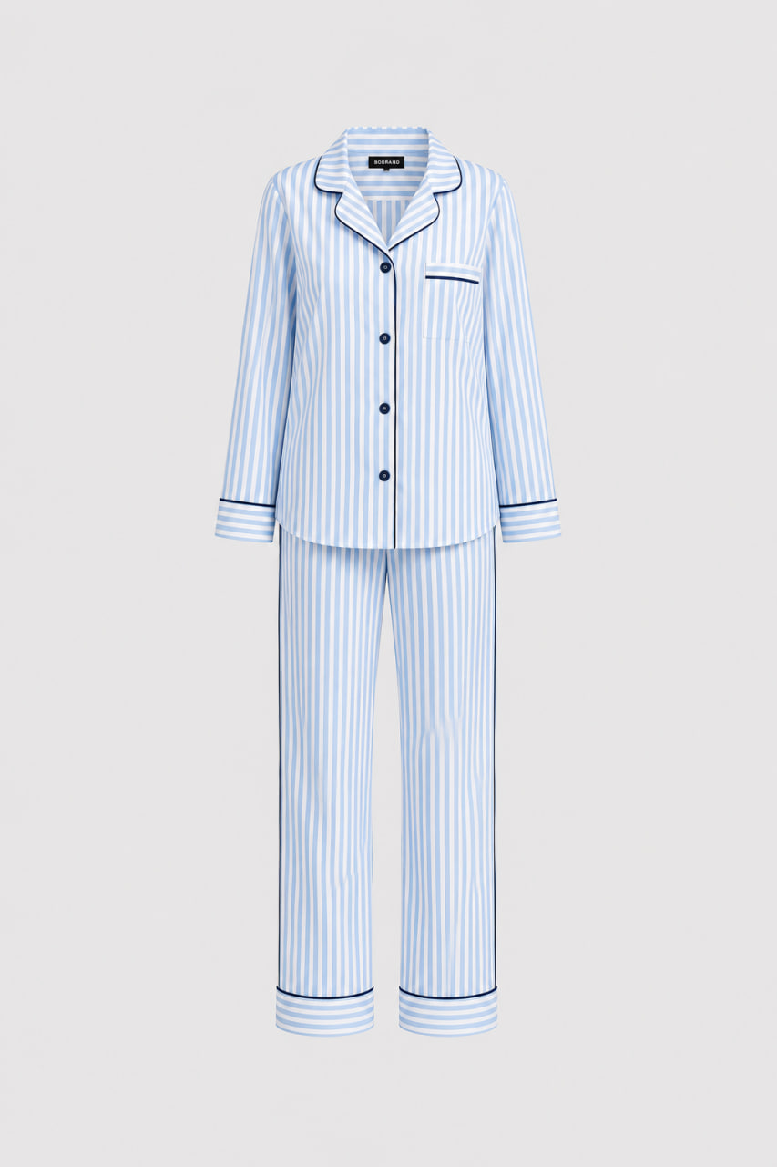 BOBRAND Women's Pajama Set in Light Blue – Cotton, Striped – Top and Pants BOBRAND Women's Pajama Set in Light Blue – Cotton, Striped – Top and Pants
