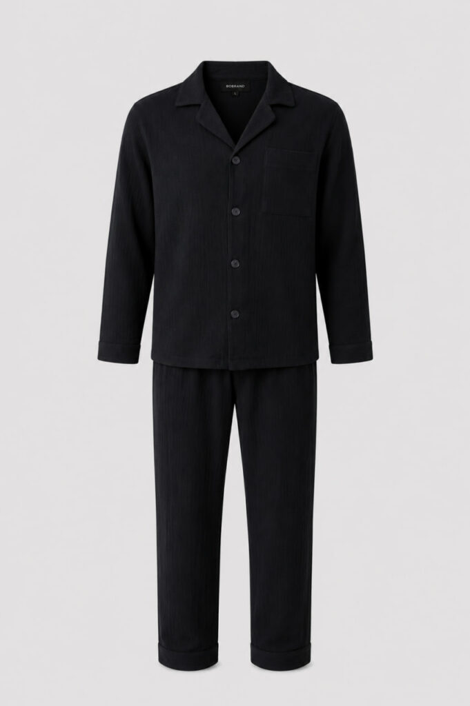 BOBRAND Men's Pajama Set in Black – Double-Layer Muslin – Top and Pants