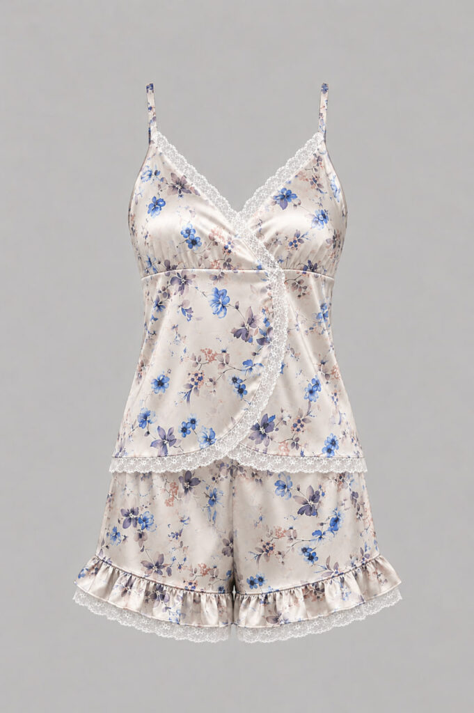 BOBRAND Women's Pajama Set in Blue – Viscose, Floral Print “Blue Flowers” – Shorts and Camisole