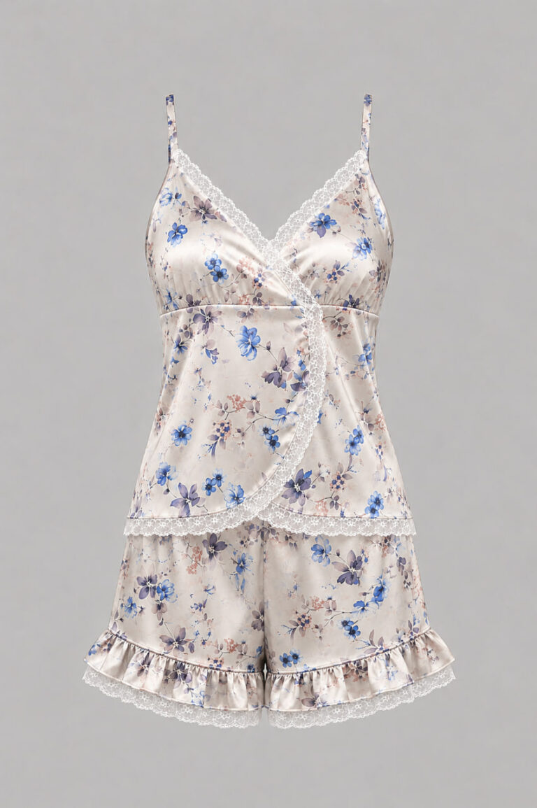 BOBRAND Women's Pajama Set in Blue – Viscose, Floral Print “Blue Flowers” – Shorts and Camisole