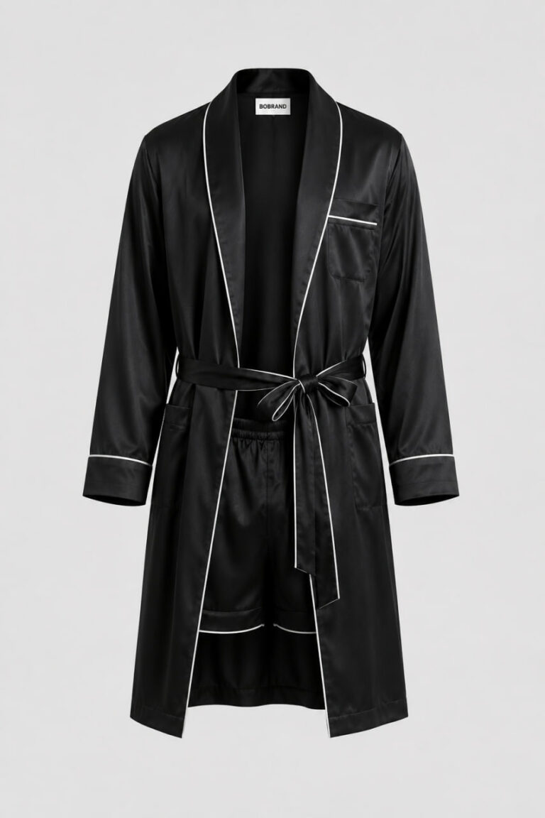 BOBRAND Men's Robe in Black – Viscose – Belt, Robe, and Shorts