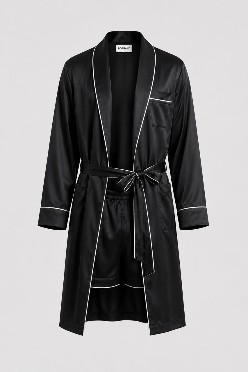 BOBRAND Men's Robe in Black – Viscose – Belt, Robe, and Shorts BOBRAND Men's Robe in Black – Viscose – Belt, Robe, and Shorts