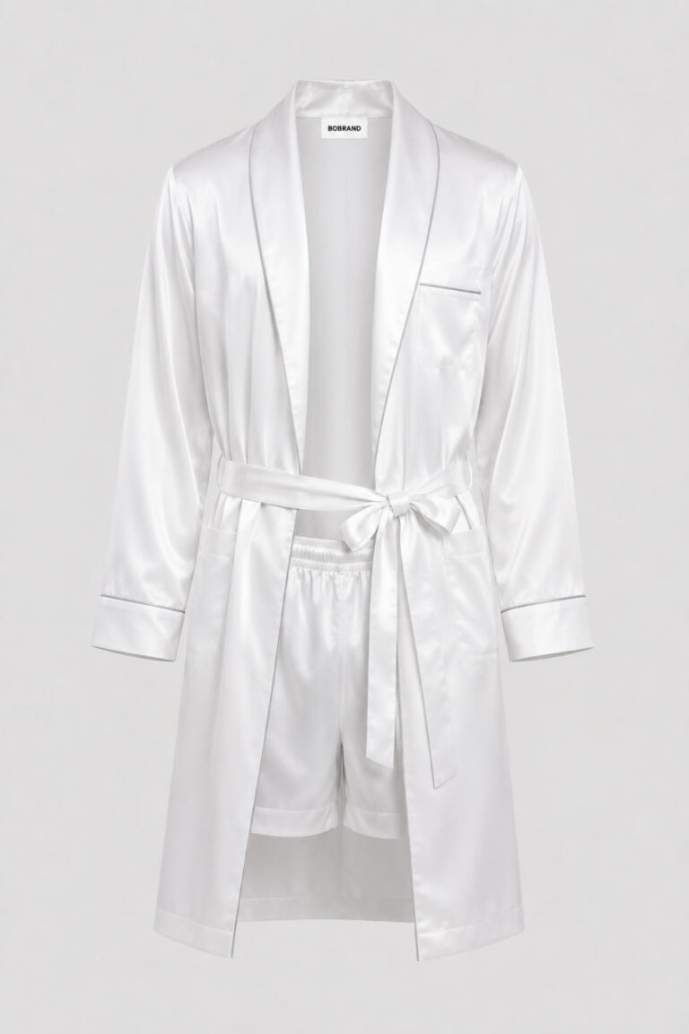 BOBRAND Men's Robe in White – Viscose – Belt, Robe, and Shorts