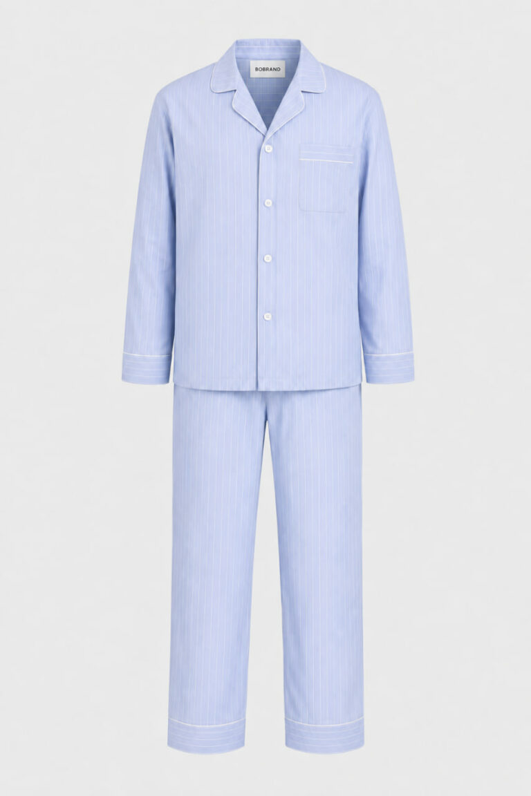 BOBRAND Men's Loungewear Set in Light Blue – Cotton, Striped – Top and Pants