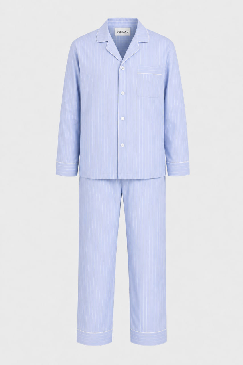 BOBRAND Men's Loungewear Set in Light Blue – Cotton, Striped – Top and Pants BOBRAND Men's Loungewear Set in Light Blue – Cotton, Striped – Top and Pants